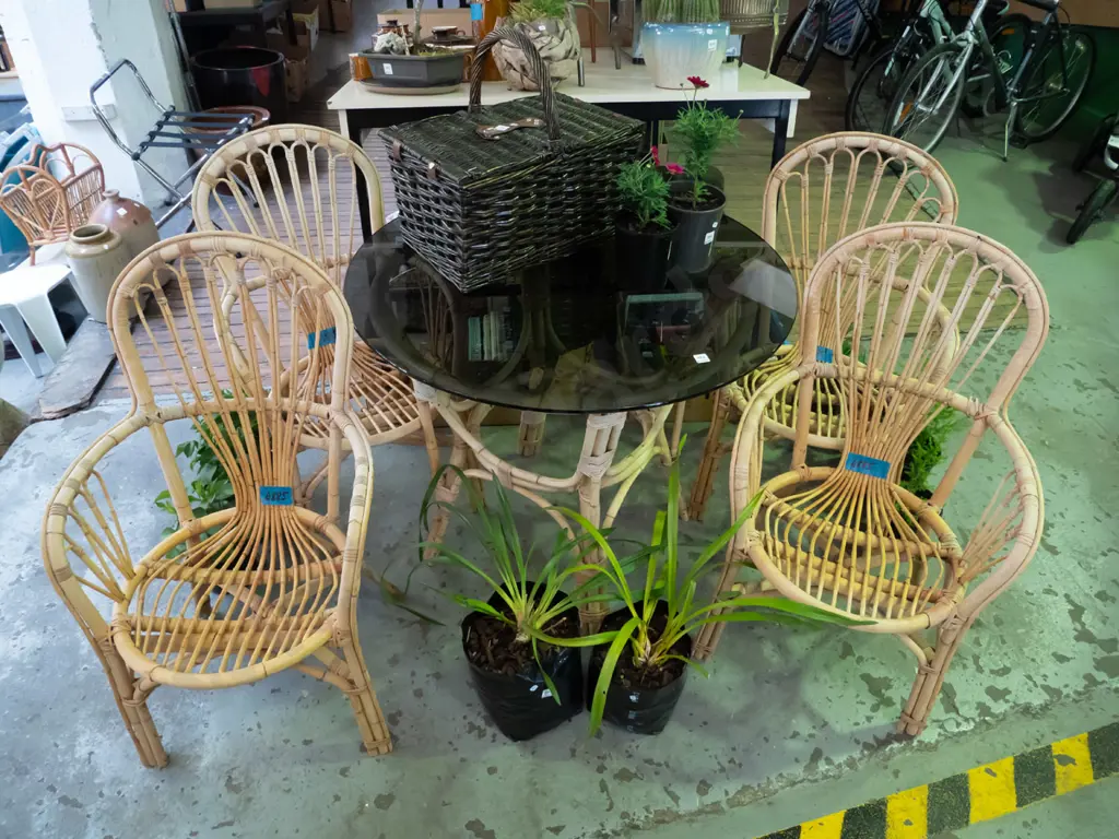 bamboo and smoked glass top circular conservatory table with 4 chairs Image 1++