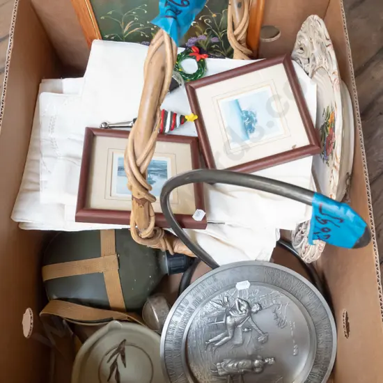 box; pewter plate, bottle toppers, canteen etc