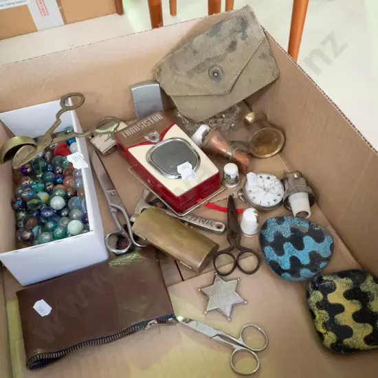 box; marbles, radio, ashtrays etc