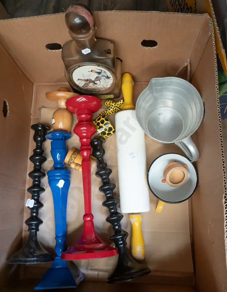 box; candlesticks, ceramic rolling pin, cup etc Image 1++