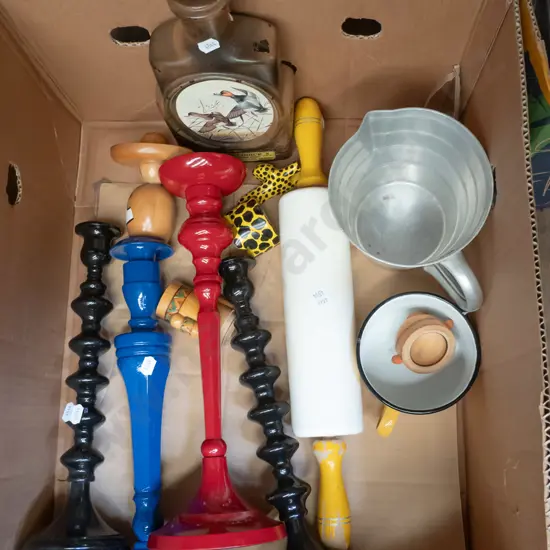 box; candlesticks, ceramic rolling pin, cup etc