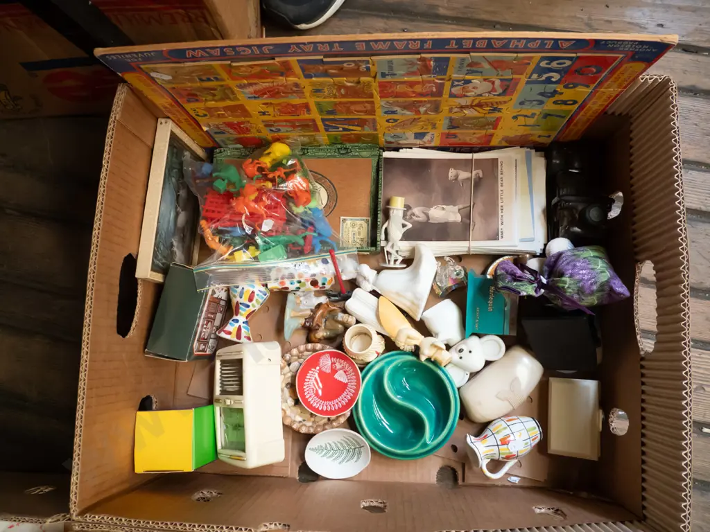 box; plastic toy animals, figurines, postcards, puzzle etc Image 1++