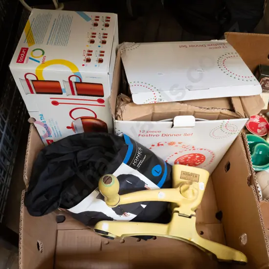 box; 12 piece festive dinner set, bench top mincer, tea set,  jacket