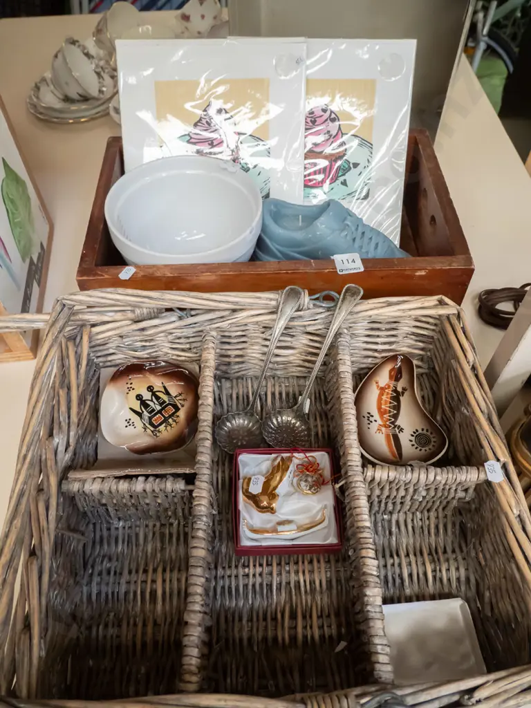 cane basket; wooden box, prints, mixing bowl etc Image 1++