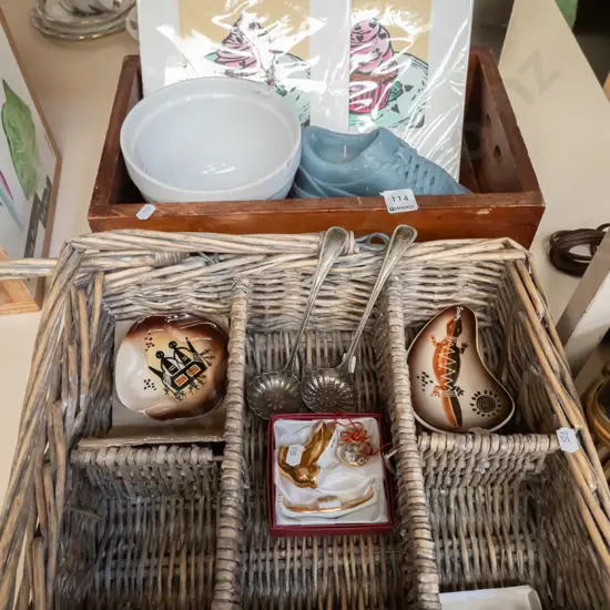 cane basket; wooden box, prints, mixing bowl etc