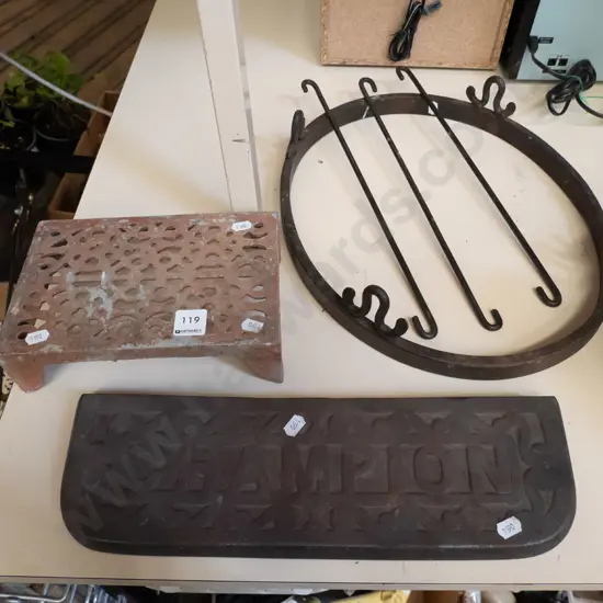 cast metal trivet, Champion stove part, hanging metal kitchen rack