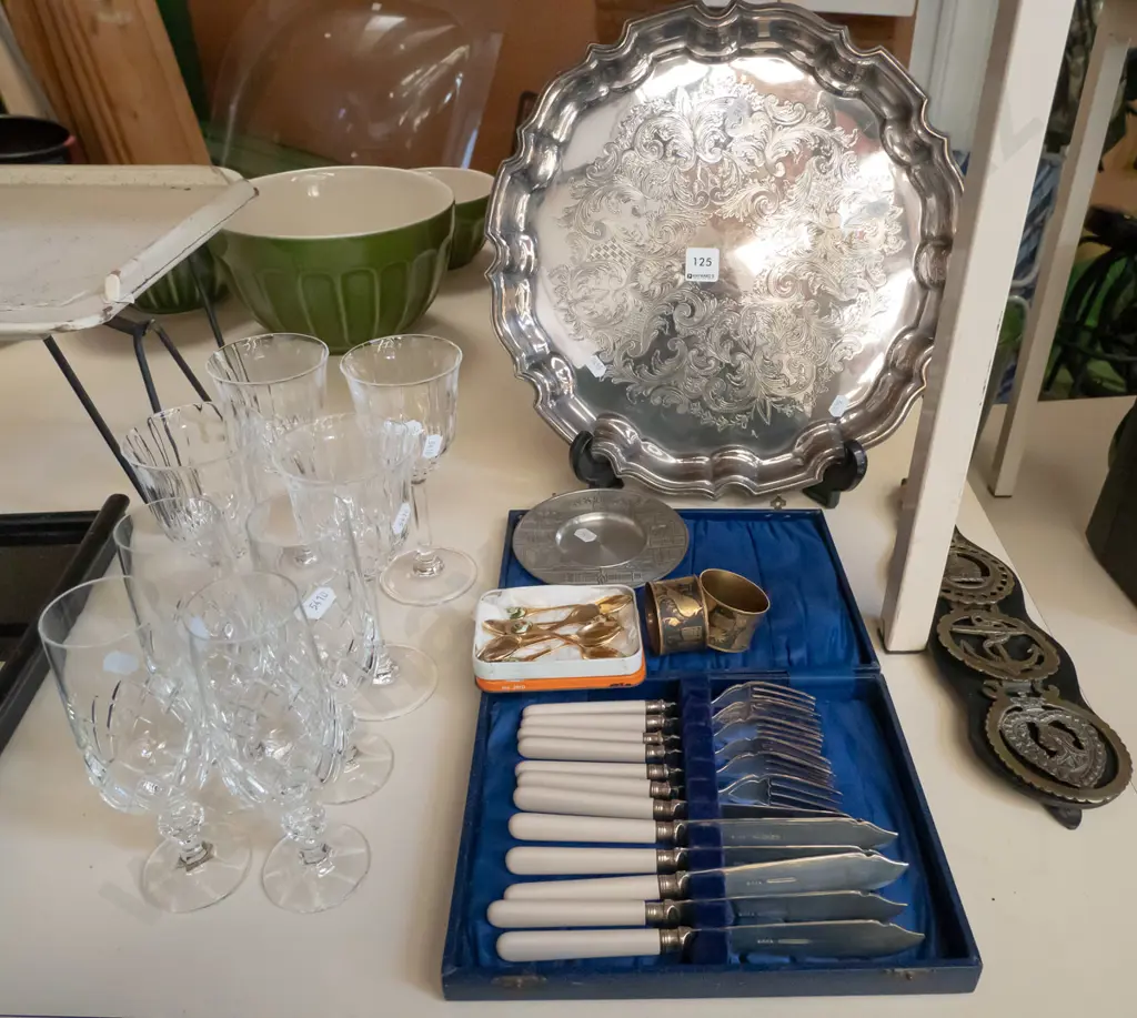 plated tray, wine glasses, cased fish set, horse brasses etc Image 1++