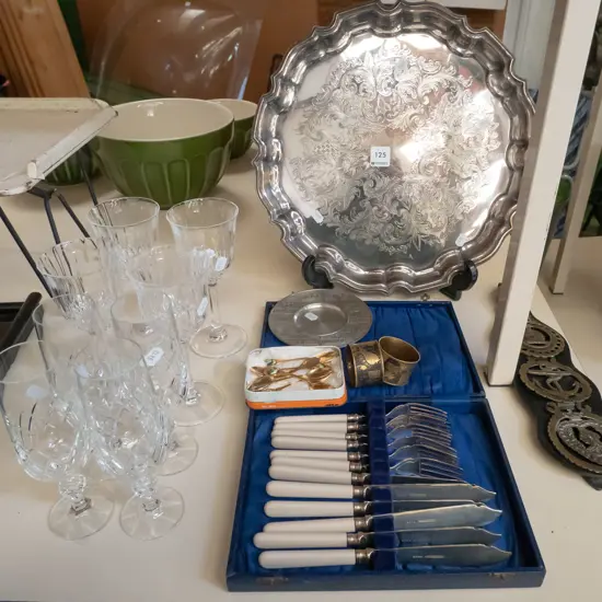 plated tray, wine glasses, cased fish set, horse brasses etc