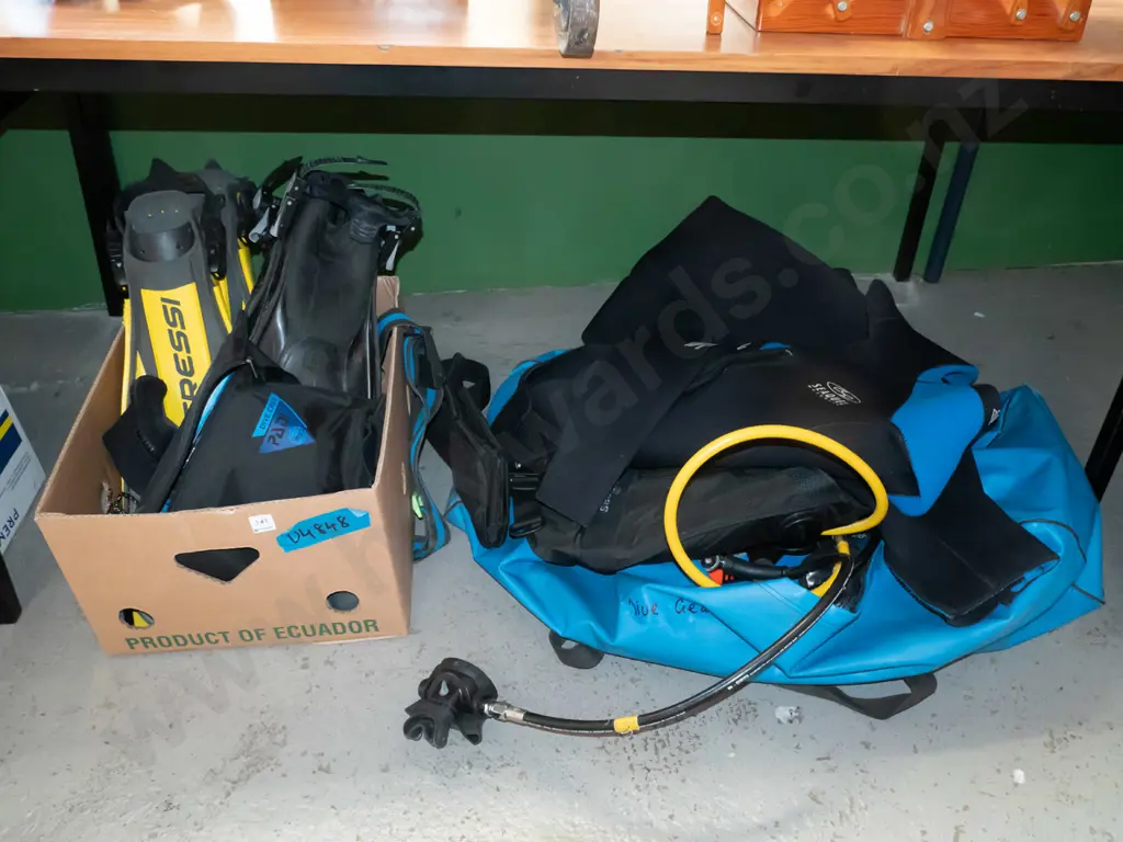 blue holdall, box with dive gear; flippers, booties, regulator, wetsuit size L, vest etc Image 1++