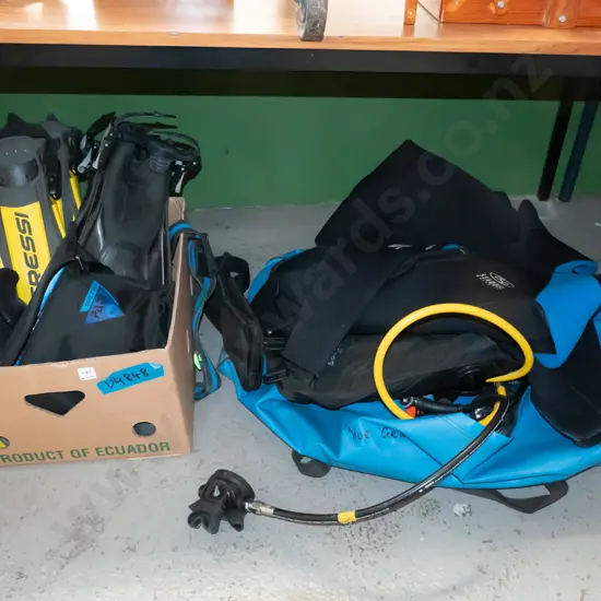 blue holdall, box with dive gear; flippers, booties, regulator, wetsuit size L, vest etc