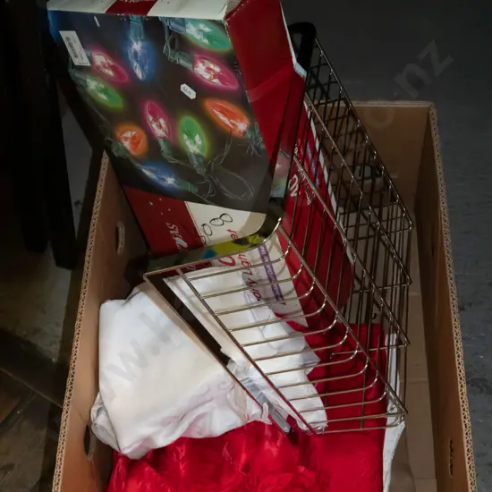 box; party lights, stainless steel metal tray, table cloths etc