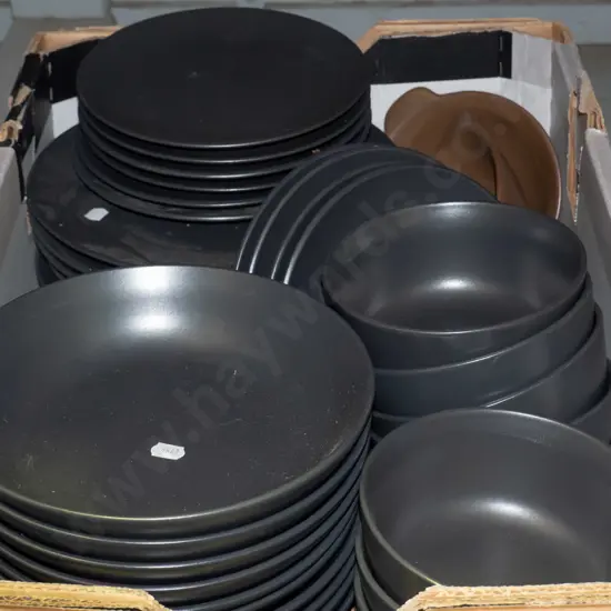 box of dark grey Living & Co dinner plates, bowls 