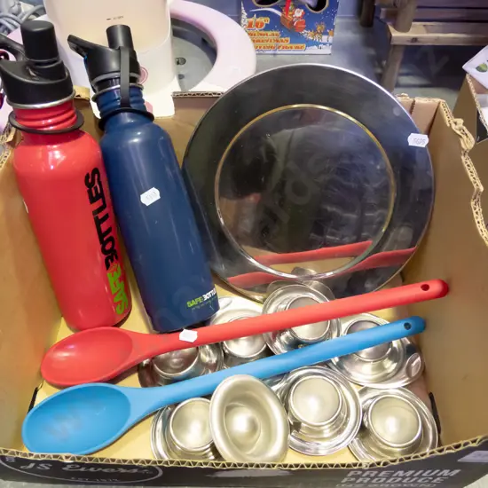 box; drink bottles, spoons, plate, stainless steel egg cups