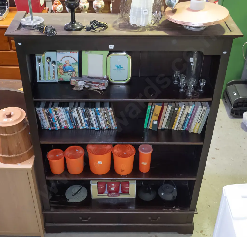 dark stained wooden bookcase with 2 drawers in base  H-1800 W-1275 D-340 Image 1++