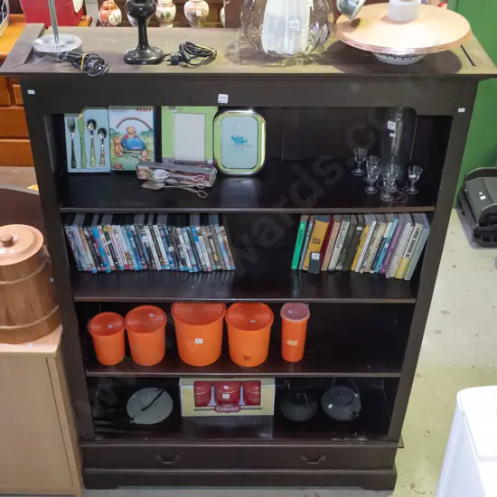 dark stained wooden bookcase with 2 drawers in base  H-1800 W-1275 D-340