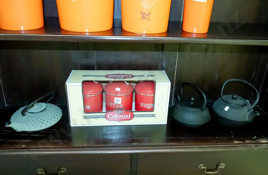 3x cast metal tea pots, Colonial tea, coffee and sugar canisters Image 1++