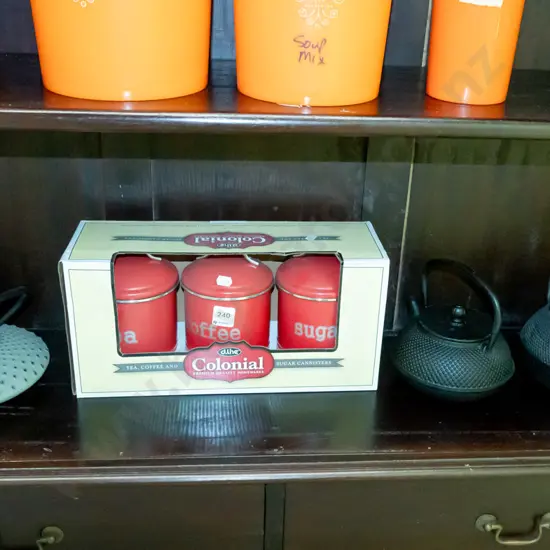 3x cast metal tea pots, Colonial tea, coffee and sugar canisters