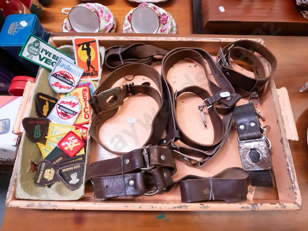 vintage wooden tray with girl guide belts and badges Image 1++