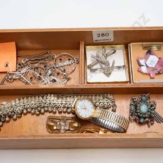 wooden segmented tray and contents;  brooches, watches, pendant etc