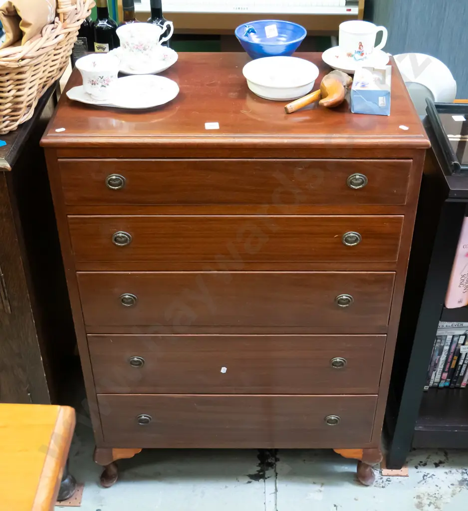 cab leg mahogany 5 drawer tall boy H-1020 W-720 D-420   Image 1++