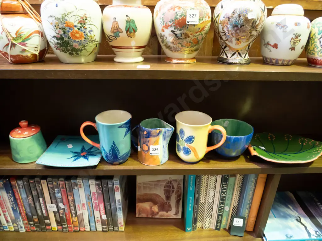 shelf; pottery, plates, bowls, cups etc Image 1++