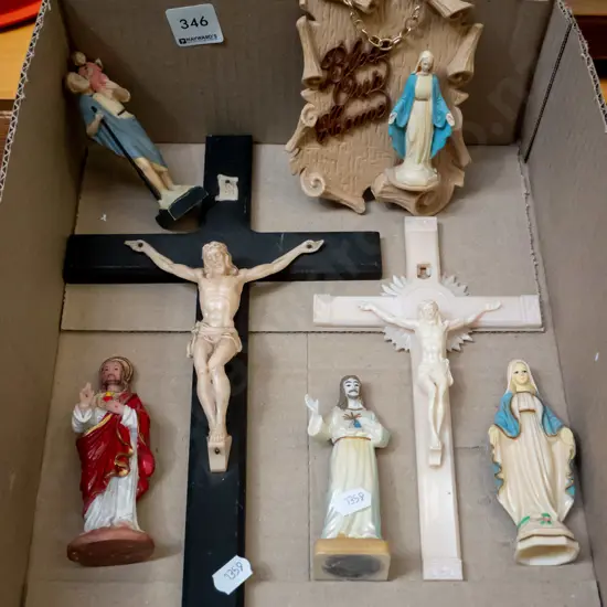 box; crucifix, religious figurines