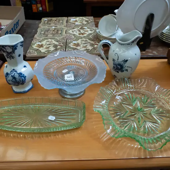 depression glass bowl, cake plate, vase etc