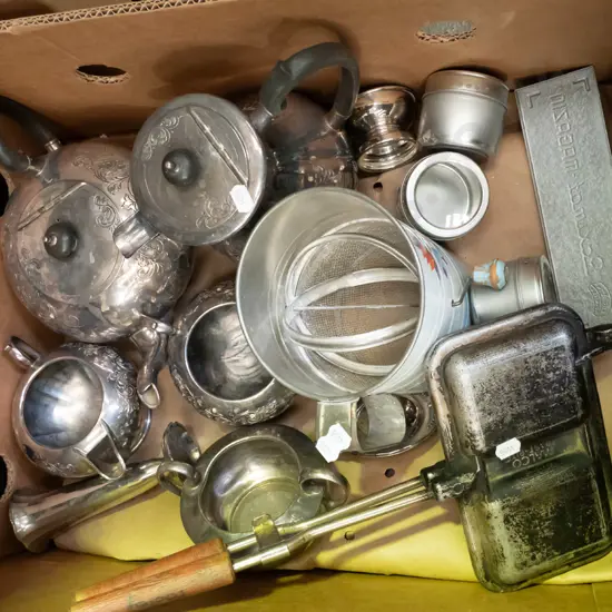 box; plated ware, camp fire toastie pie, flour sifter etc