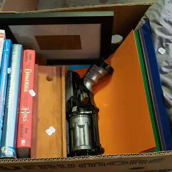 box; books, nerf gun, camping pillow etc