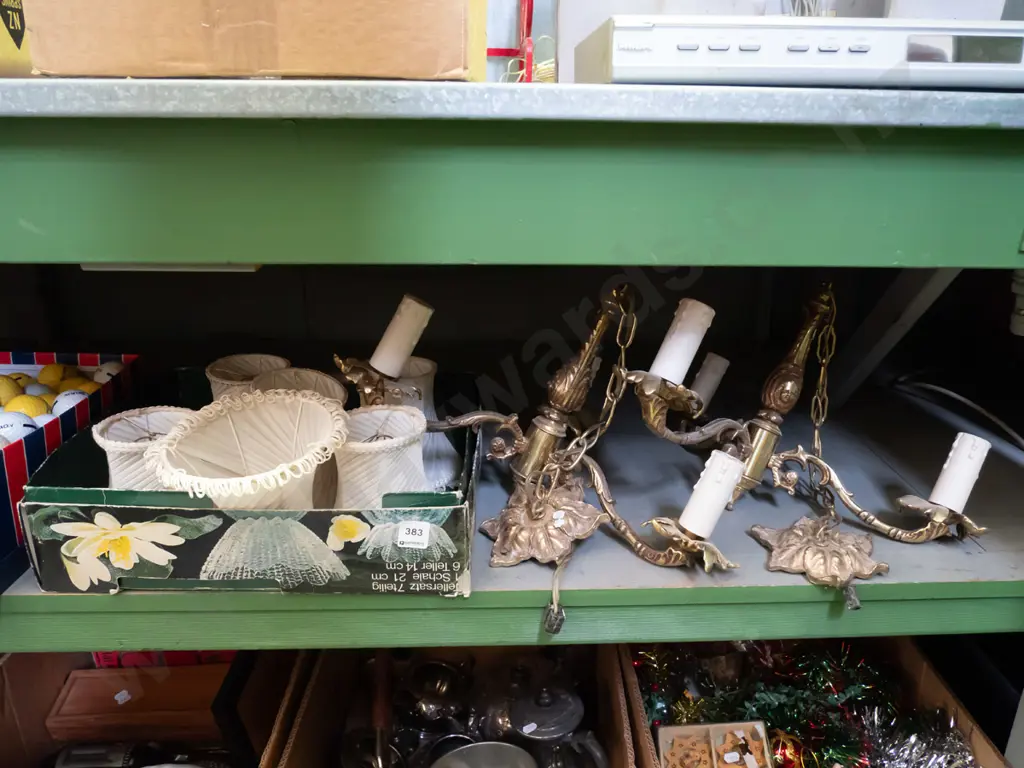 2x brass pendant 3 bulb light fittings, box of shades Image 1++