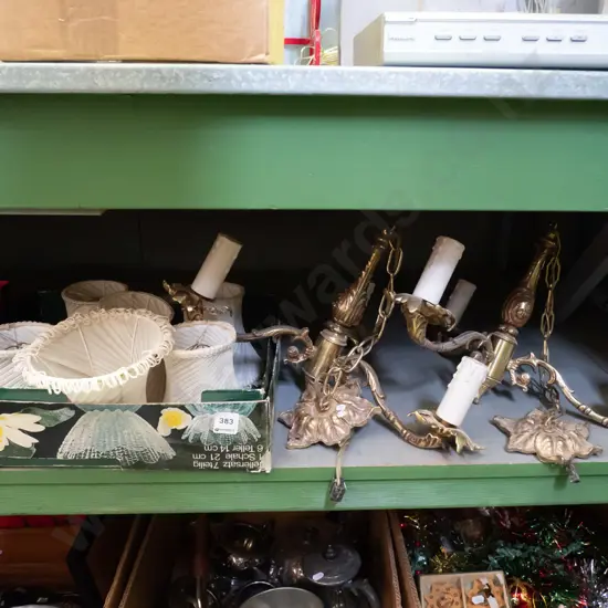 2x brass pendant 3 bulb light fittings, box of shades