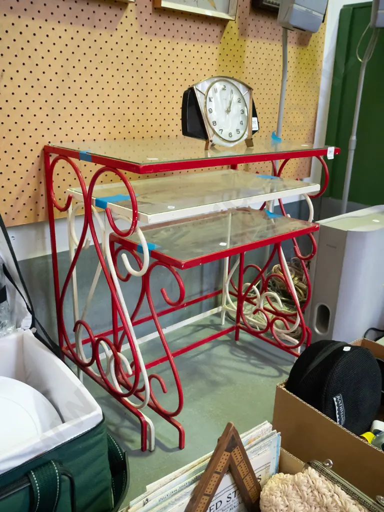 nest of 3 wrought metal and glass top tables Largest H-530 W-545 D-320 Image 1++