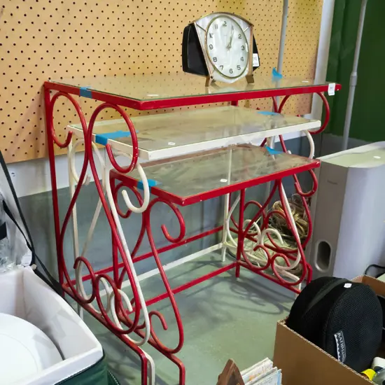 nest of 3 wrought metal and glass top tables Largest H-530 W-545 D-320