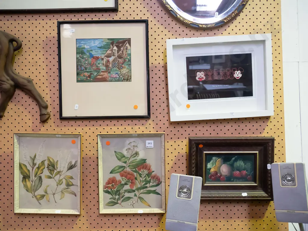 framed needlework, Dick Frizzel print, oil on board, 2x botanical prints - orange dots Image 1++