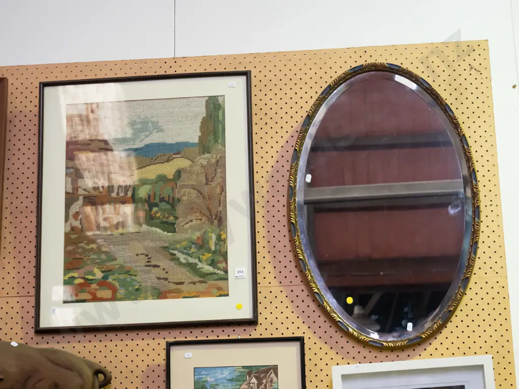 framed tapestry and bevelled edge wall mirror - yellow dots Image 1++