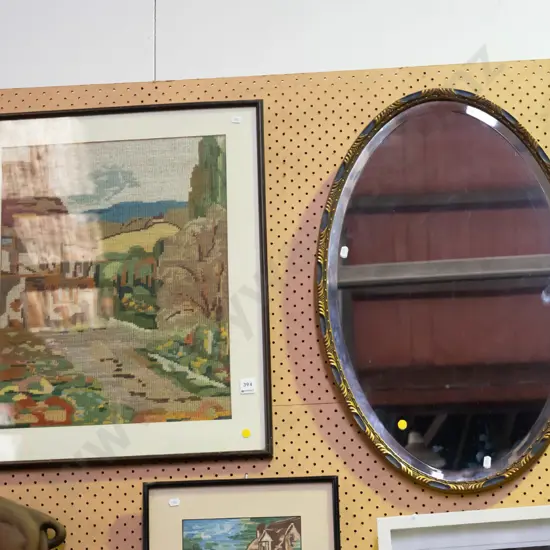 framed tapestry and bevelled edge wall mirror - yellow dots