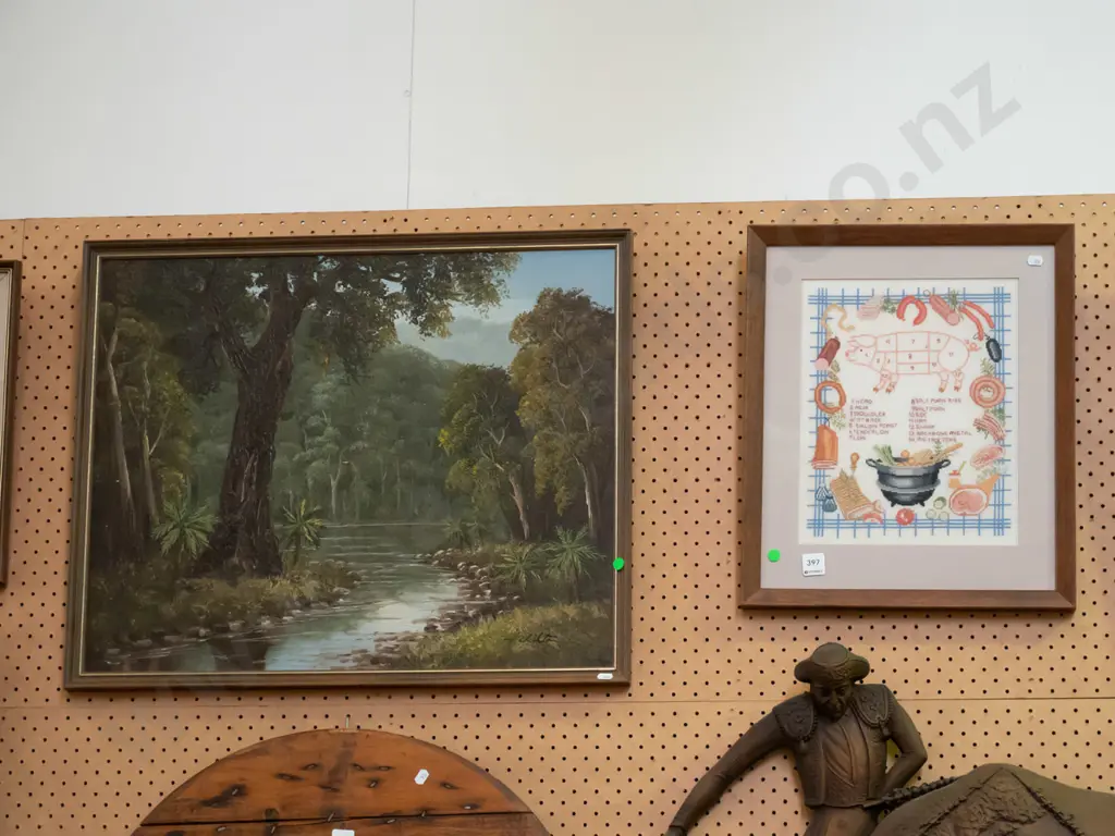 framed oil - stream and forest, framed needlwork -green dots Image 1++