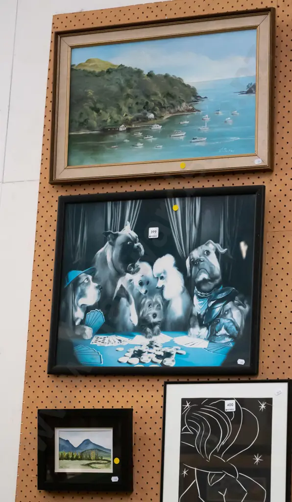 framed oil - yachts, framed print - dog playing cards, small landscape watercolour - yellow dots Image 1++