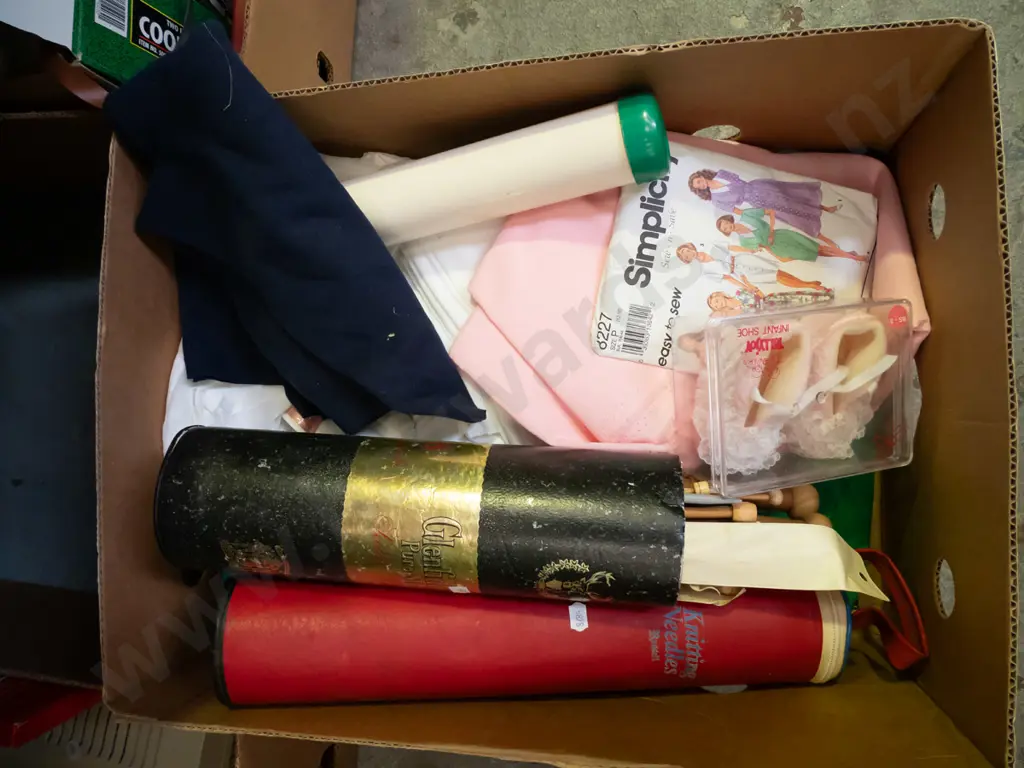 box; knitting needles, fabric, babies shoes etc Image 1++