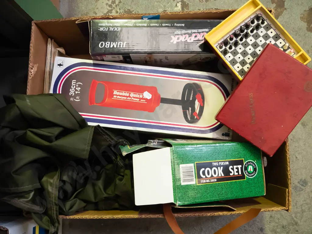 box; camping cook set, rain coat, air pump etc Image 1++