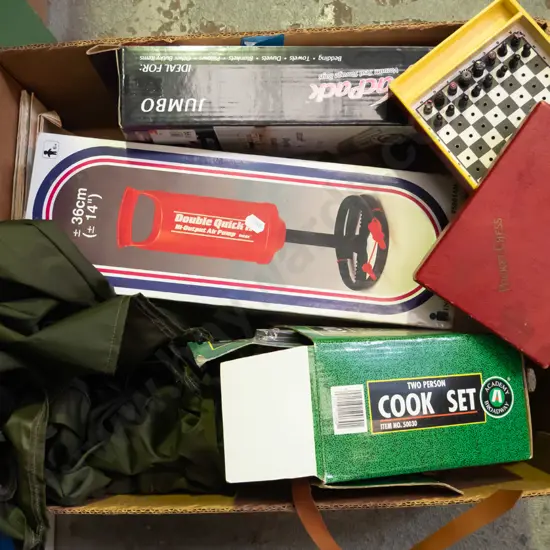 box; camping cook set, rain coat, air pump etc
