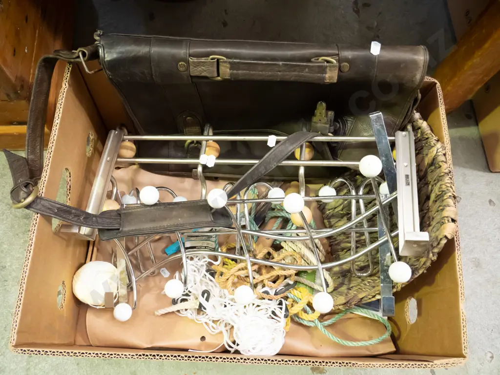 box; leather satchel, coat hooks, seagrass bowl etc Image 1++