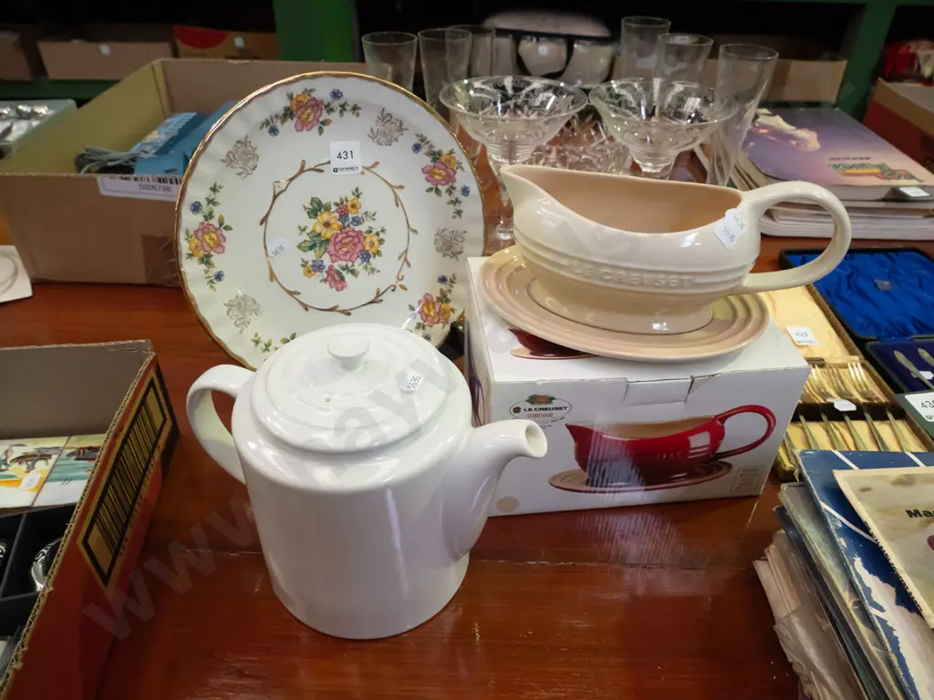 Le Creuset stoneware coffee pot, sauce boat, Woods & Sons Avon cabinet plate Image 1++