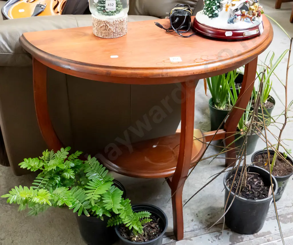 rimu 2 tier half round table - varnish needs attention H-600 W-730 Image 1++