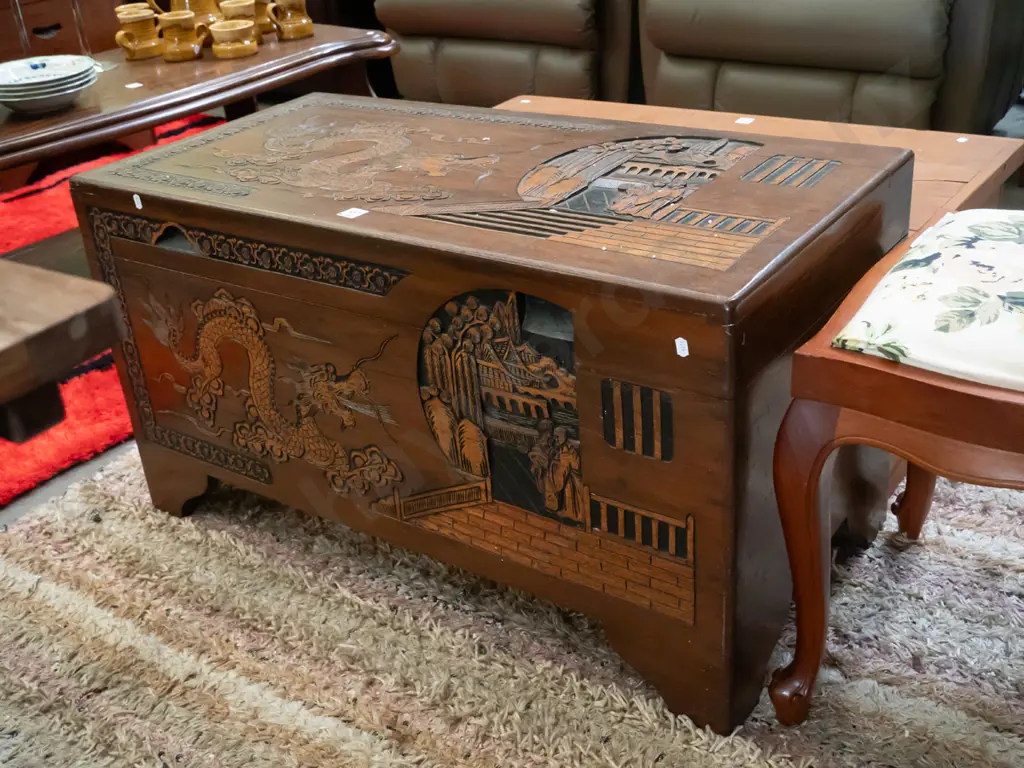 carved camphorwood chest - crack to top H-480 W-910 D-445 Image 1++