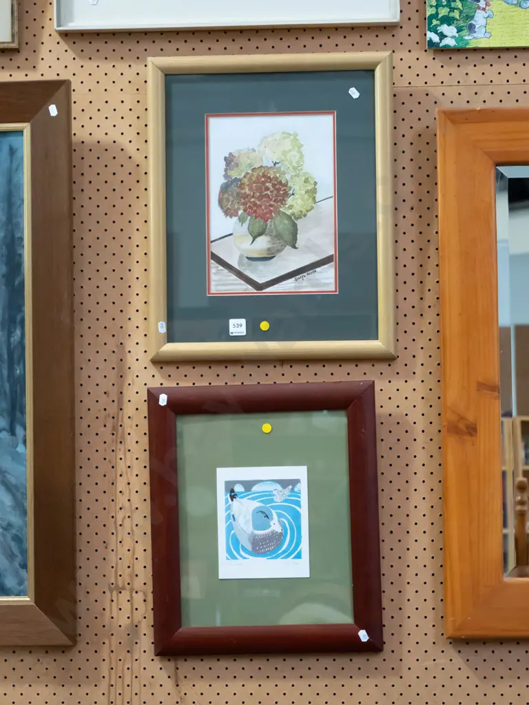 framed duck print, frameed watercolour - hydrangeas - yellow dots Image 1++