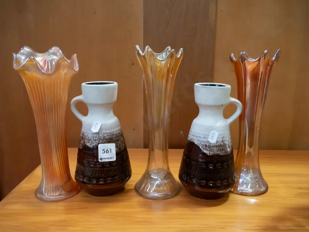 2 German pottery vases & 3 orange glass lusture vases Image 1++