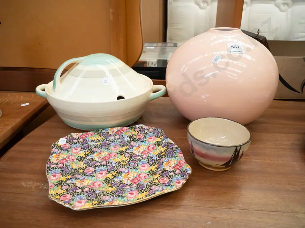 Royal Winton AOF plate, Suzie Copper lidded vege with wear & hairline crack to base, pink vase & small dish Image 1++