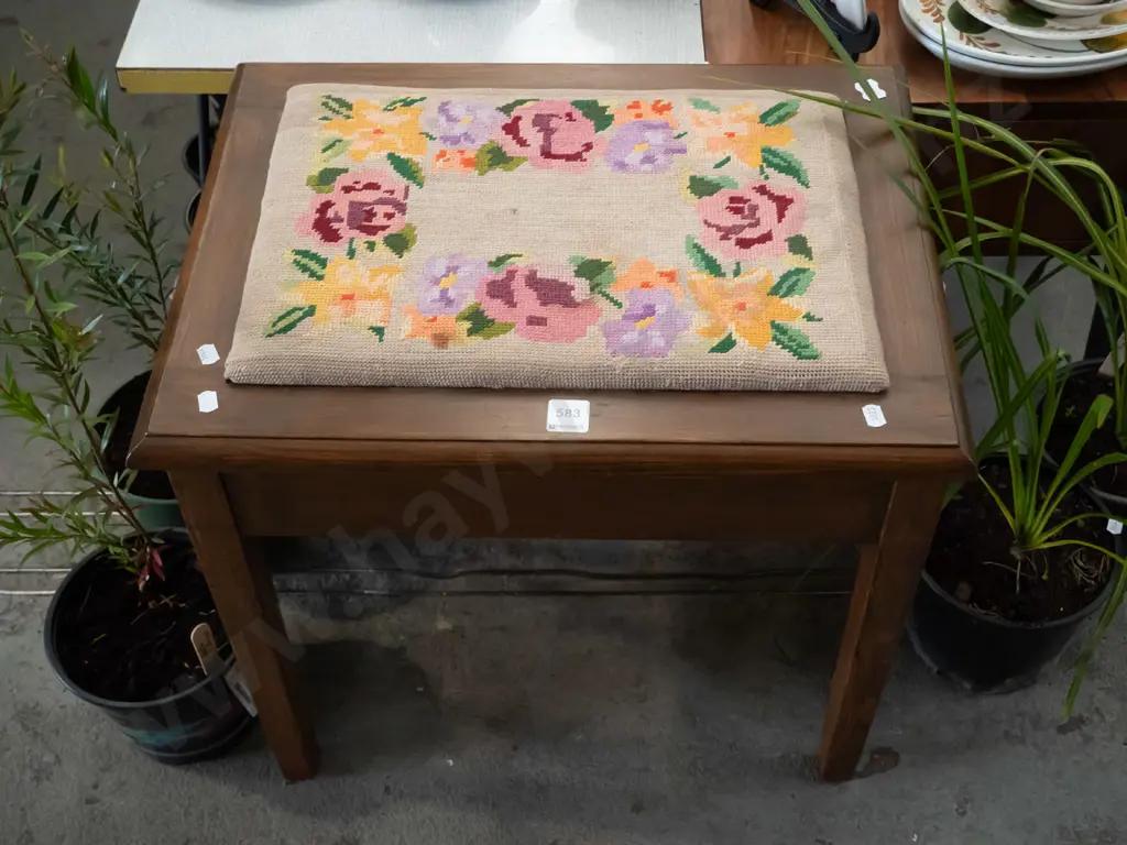 wood & needlework upholstered sewing box/piano stool Image 1++