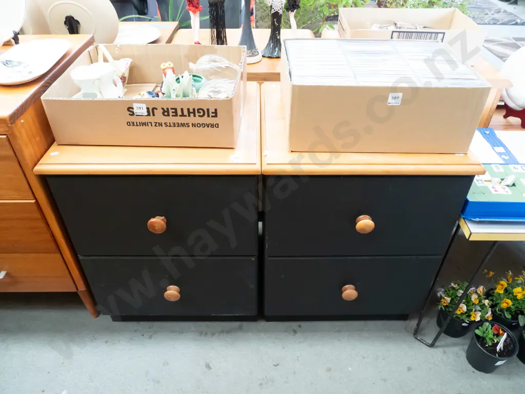 pair of wood & mdf 2 drawer bedside cabinets - handles & varnish need attention Image 1++
